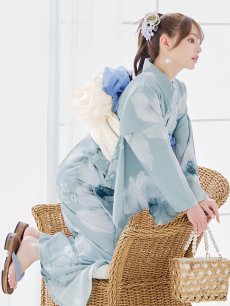 画像9: 【即日発送】ブルーホワイトフラワー柄浴衣 【浴衣3点セット 浴衣/帯/下駄】 [YMT] (9)