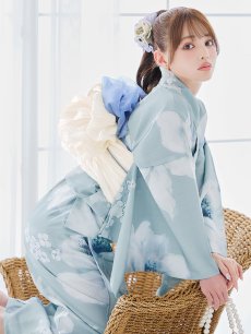 画像12: 【即日発送】ブルーホワイトフラワー柄浴衣 【浴衣3点セット 浴衣/帯/下駄】 [YMT] (12)