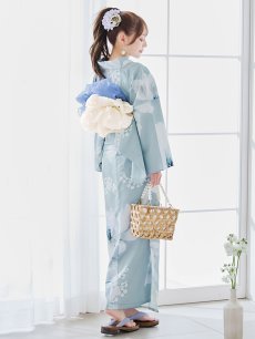 画像3: 【即日発送】ブルーホワイトフラワー柄浴衣 【浴衣3点セット 浴衣/帯/下駄】 [YMT] (3)