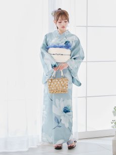 画像4: 【即日発送】ブルーホワイトフラワー柄浴衣 【浴衣3点セット 浴衣/帯/下駄】 [YMT] (4)