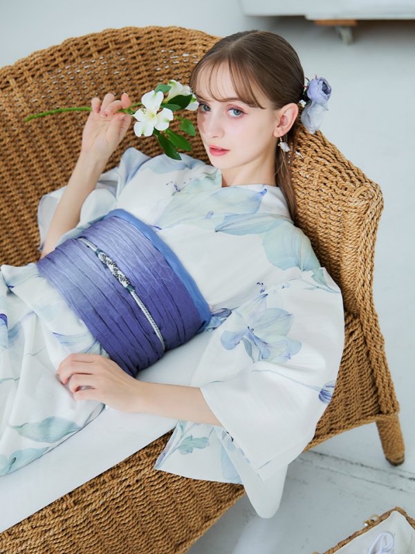 浴衣セール!】【即日発送】水彩百合ナチュラルブルー浴衣 【浴衣3点