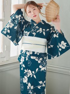画像1: 【即日発送】藍色椿桜柄浴衣 【浴衣3点セット 浴衣/帯/下駄】 [YMT] (1)