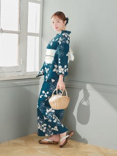 画像12: 【即日発送】藍色椿桜柄浴衣 【浴衣3点セット 浴衣/帯/下駄】 [YMT] (12)