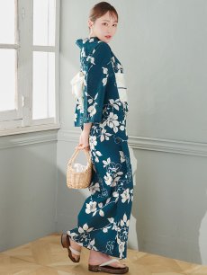 画像3: 【即日発送】藍色椿桜柄浴衣 【浴衣3点セット 浴衣/帯/下駄】 [YMT] (3)