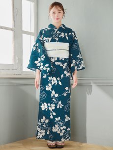 画像4: 【即日発送】藍色椿桜柄浴衣 【浴衣3点セット 浴衣/帯/下駄】 [YMT] (4)