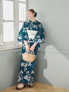 画像5: 【即日発送】藍色椿桜柄浴衣 【浴衣3点セット 浴衣/帯/下駄】 [YMT] (5)
