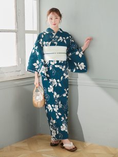 画像6: 【即日発送】藍色椿桜柄浴衣 【浴衣3点セット 浴衣/帯/下駄】 [YMT] (6)