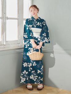 画像7: 【即日発送】藍色椿桜柄浴衣 【浴衣3点セット 浴衣/帯/下駄】 [YMT] (7)
