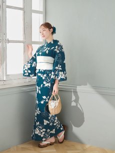 画像8: 【即日発送】藍色椿桜柄浴衣 【浴衣3点セット 浴衣/帯/下駄】 [YMT] (8)