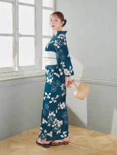 画像9: 【即日発送】藍色椿桜柄浴衣 【浴衣3点セット 浴衣/帯/下駄】 [YMT] (9)