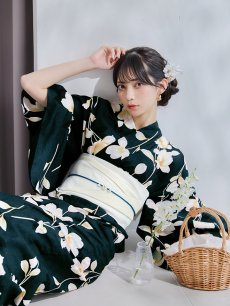 画像1: 【即日発送】花薫る深緑浴衣 【浴衣3点セット 浴衣/帯/下駄】 [/YMT] (1)