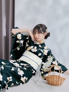 画像13: 【即日発送】花薫る深緑浴衣 【浴衣3点セット 浴衣/帯/下駄】 [/YMT] (13)