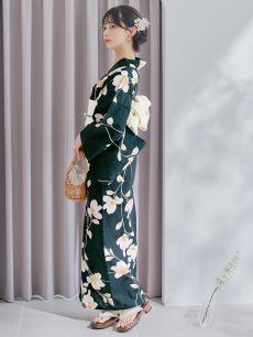 画像2: 【即日発送】花薫る深緑浴衣 【浴衣3点セット 浴衣/帯/下駄】 [/YMT] (2)