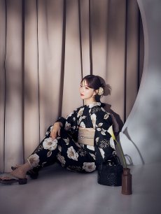 画像10: 【即日発送】ピオニーブラック花柄浴衣 【浴衣3点セット 浴衣/帯/下駄】 [YMT] (10)