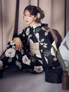 画像12: 【即日発送】ピオニーブラック花柄浴衣 【浴衣3点セット 浴衣/帯/下駄】 [YMT] (12)