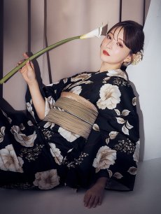 画像13: 【即日発送】ピオニーブラック花柄浴衣 【浴衣3点セット 浴衣/帯/下駄】 [YMT] (13)