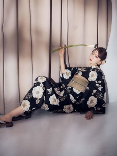 画像14: 【即日発送】ピオニーブラック花柄浴衣 【浴衣3点セット 浴衣/帯/下駄】 [YMT] (14)