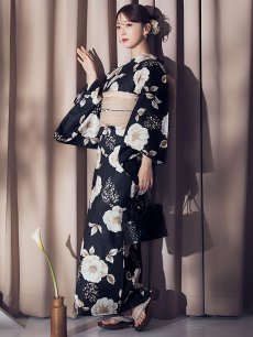 画像3: 【即日発送】ピオニーブラック花柄浴衣 【浴衣3点セット 浴衣/帯/下駄】 [YMT] (3)