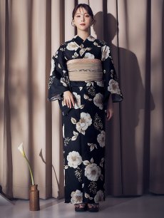 画像4: 【即日発送】ピオニーブラック花柄浴衣 【浴衣3点セット 浴衣/帯/下駄】 [YMT] (4)