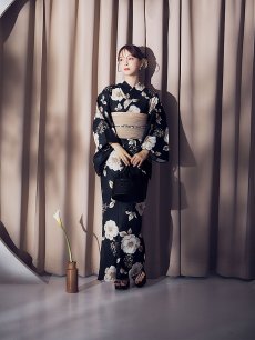 画像5: 【即日発送】ピオニーブラック花柄浴衣 【浴衣3点セット 浴衣/帯/下駄】 [YMT] (5)
