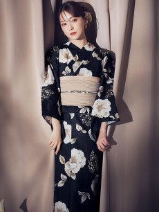 画像8: 【即日発送】ピオニーブラック花柄浴衣 【浴衣3点セット 浴衣/帯/下駄】 [YMT] (8)