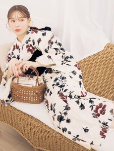 画像2: 【即日発送】水彩和モダン花柄浴衣 【浴衣3点セット 浴衣/帯/下駄】[YMT] (2)