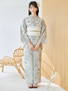 画像4: 【即日発送】クラシカルグレイッシュフラワー浴衣 【浴衣3点セット 浴衣/帯/下駄】 [YMT] (4)