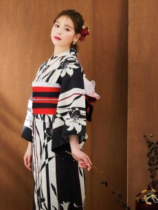 画像10: 【即日発送！】ストライプ×百合レトロモダン浴衣 【浴衣3点セット 浴衣/帯/下駄】 [YMT] (10)