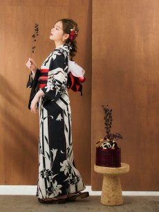 画像11: 【即日発送！】ストライプ×百合レトロモダン浴衣 【浴衣3点セット 浴衣/帯/下駄】 [YMT] (11)