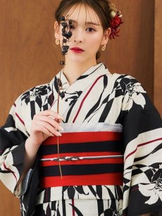 画像15: 【即日発送！】ストライプ×百合レトロモダン浴衣 【浴衣3点セット 浴衣/帯/下駄】 [YMT] (15)