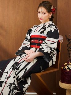 画像1: 【即日発送！】ストライプ×百合レトロモダン浴衣 【浴衣3点セット 浴衣/帯/下駄】 [YMT] (1)