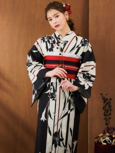 画像2: 【即日発送！】ストライプ×百合レトロモダン浴衣 【浴衣3点セット 浴衣/帯/下駄】 [YMT] (2)