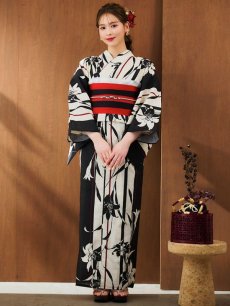 画像4: 【即日発送！】ストライプ×百合レトロモダン浴衣 【浴衣3点セット 浴衣/帯/下駄】 [YMT] (4)