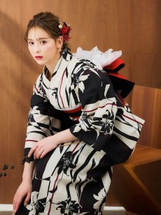 画像6: 【即日発送！】ストライプ×百合レトロモダン浴衣 【浴衣3点セット 浴衣/帯/下駄】 [YMT] (6)