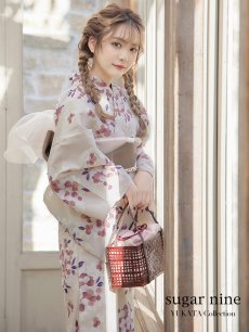 画像1: 【即日発送】【浴衣】クリーム地にピンクの紫陽花浴衣【浴衣３点セット 浴衣/帯/下駄】[YMT] (1)