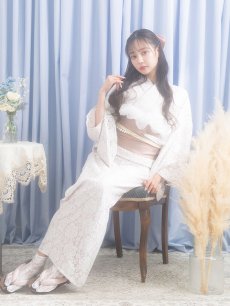 画像6: 即日発送!ピンク地×白レース浴衣 【浴衣3点セット 浴衣/帯/下駄】 [FB02] (6)