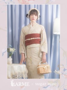 画像1: 【浴衣セール！】【即日発送】ベージュ地x小花柄浴衣 【浴衣3点セット 浴衣/帯/下駄】 [YMT] (1)