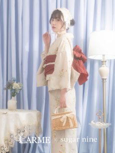 画像2: 【浴衣セール！】【即日発送】ベージュ地x小花柄浴衣 【浴衣3点セット 浴衣/帯/下駄】 [YMT] (2)