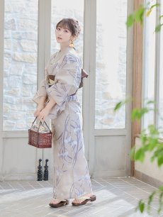 画像12: 【即日発送】ベージュ地×水仙の花浴衣 【浴衣3点セット 浴衣/帯/下駄】 [FB02] (12)