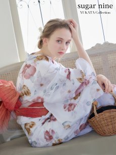 画像1: 【即日発送】【浴衣】白地x暖色椿浴衣 【浴衣3点セット 浴衣/帯/下駄】 [FB02] (1)