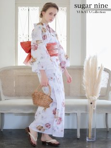 画像2: 【即日発送】【浴衣】白地x暖色椿浴衣 【浴衣3点セット 浴衣/帯/下駄】 [FB02] (2)