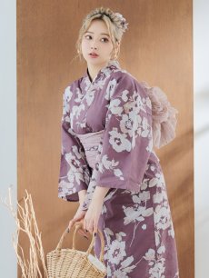 画像1: 【即日発送】【浴衣セール！】エンジ×椿ニュアンス浴衣 【浴衣3点セット 浴衣/帯/下駄】 [FB02] (1)