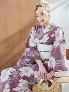 画像1: 【即日発送】えんじxマーガレット浴衣 【浴衣3点セット 浴衣/帯/下駄】 [FB02] (1)
