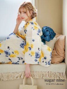 画像1: 【即日発送】ブルーxイエローローズ 薔薇 バラ 浴衣 【浴衣3点セット 浴衣/帯/下駄】 [FB02] (1)