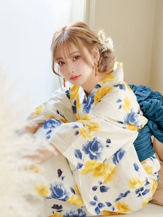 画像10: 【即日発送】ブルーxイエローローズ 薔薇 バラ 浴衣 【浴衣3点セット 浴衣/帯/下駄】 [FB02] (10)