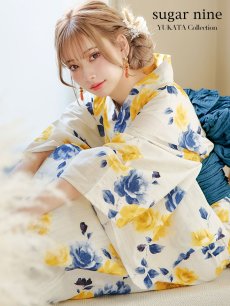 画像3: 【即日発送】ブルーxイエローローズ 薔薇 バラ 浴衣 【浴衣3点セット 浴衣/帯/下駄】 [FB02] (3)