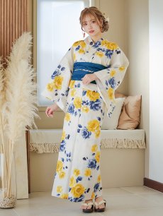 画像4: 【即日発送】ブルーxイエローローズ 薔薇 バラ 浴衣 【浴衣3点セット 浴衣/帯/下駄】 [FB02] (4)