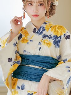 画像5: 【即日発送】ブルーxイエローローズ 薔薇 バラ 浴衣 【浴衣3点セット 浴衣/帯/下駄】 [FB02] (5)