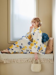 画像9: 【即日発送】ブルーxイエローローズ 薔薇 バラ 浴衣 【浴衣3点セット 浴衣/帯/下駄】 [FB02] (9)