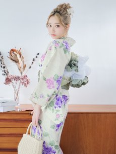 画像9: 【即日発送】クリームストライプ地x紫陽花浴衣 【浴衣3点セット 浴衣/帯/下駄】 [YMT] (9)